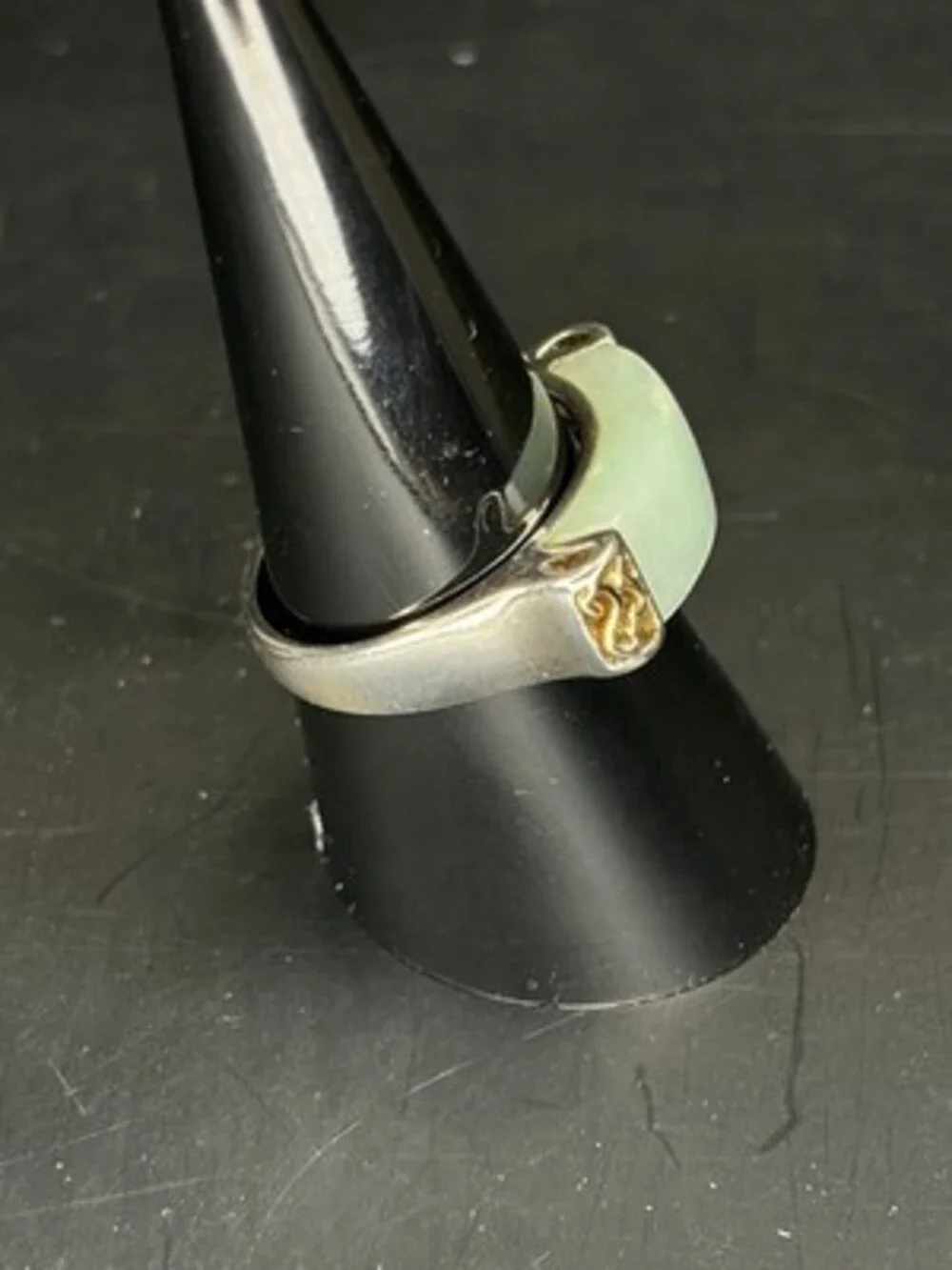 Designer Signed 925 Sterling Silver 14K Gold Green Jade Ring Size 8